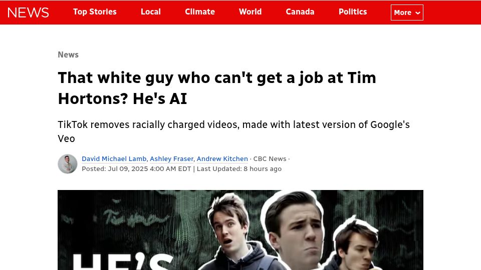 Screenshot of cbc.ca: That white guy who can't get a job at Tim Hortons? He's AI