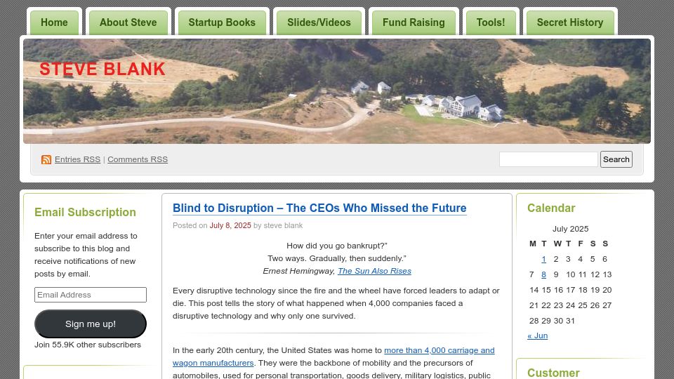 Screenshot of steveblank.com: Blind to Disruption – The CEOs Who Missed the Future