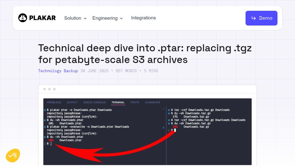 Screenshot of plakar.io: Ptar: Replacing .tgz for petabyte-scale S3 archives