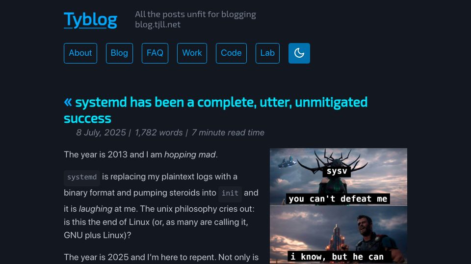 Screenshot of blog.tjll.net: Systemd has been a complete, utter, unmitigated success