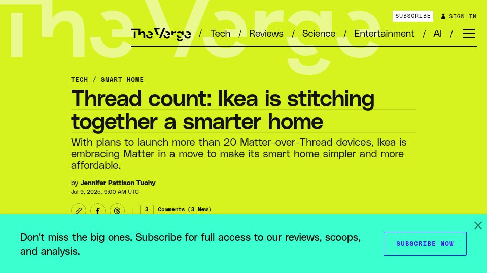 Screenshot of theverge.com: IKEA ditches Zigbee for Thread going all in on Matter smart homes