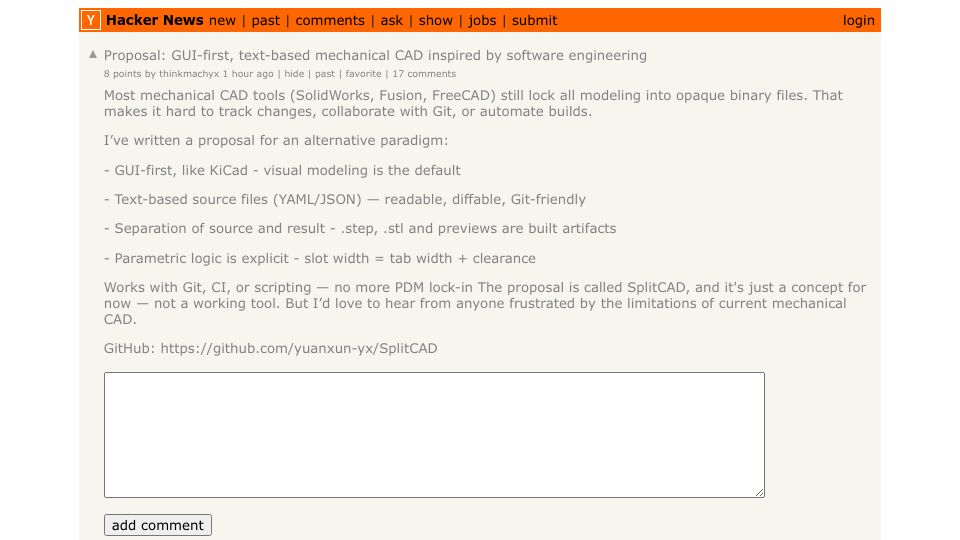 Screenshot of Hacker News post: Proposal: GUI-first, text-based mechanical CAD inspired by software engineering