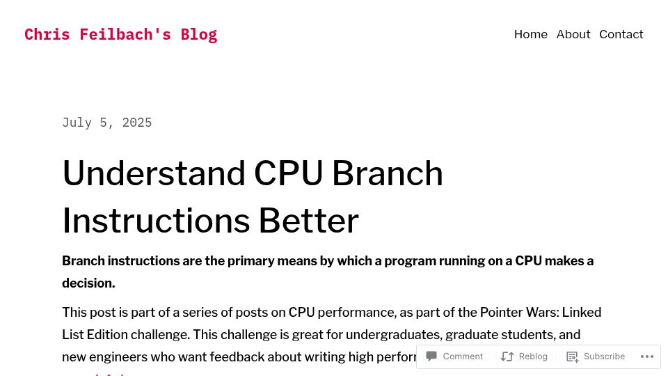 Screenshot of chrisfeilbach.com: Understand CPU Branch Instructions Better