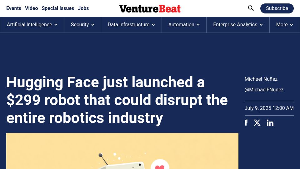 Screenshot of venturebeat.com: Hugging Face just launched a $299 robot that could disrupt the robotics industry