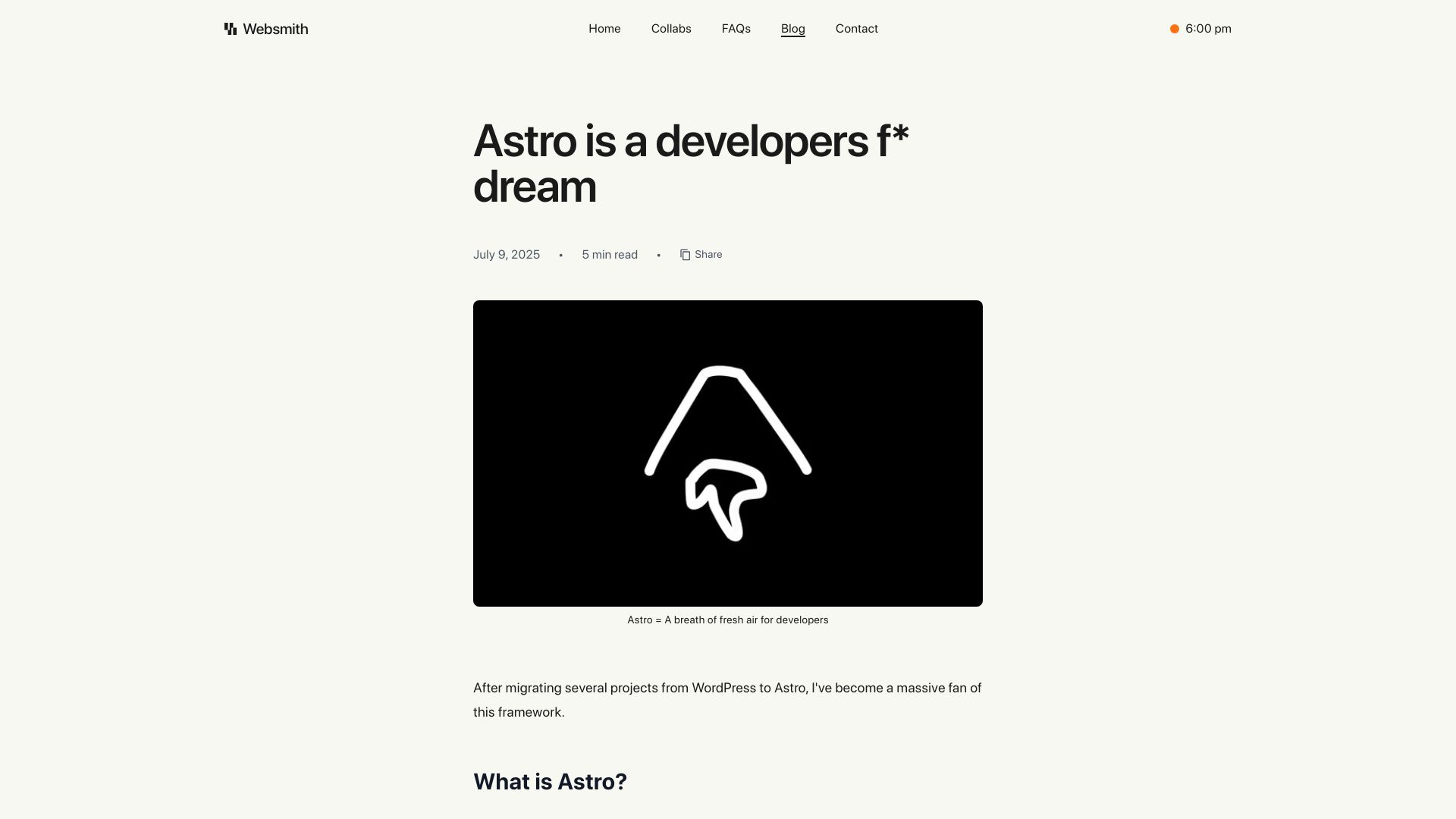 Screenshot of websmith.studio: Astro is a return to the fundamentals of the web