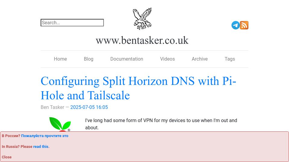 Screenshot of bentasker.co.uk: Configuring Split Horizon DNS with Pi-Hole and Tailscale