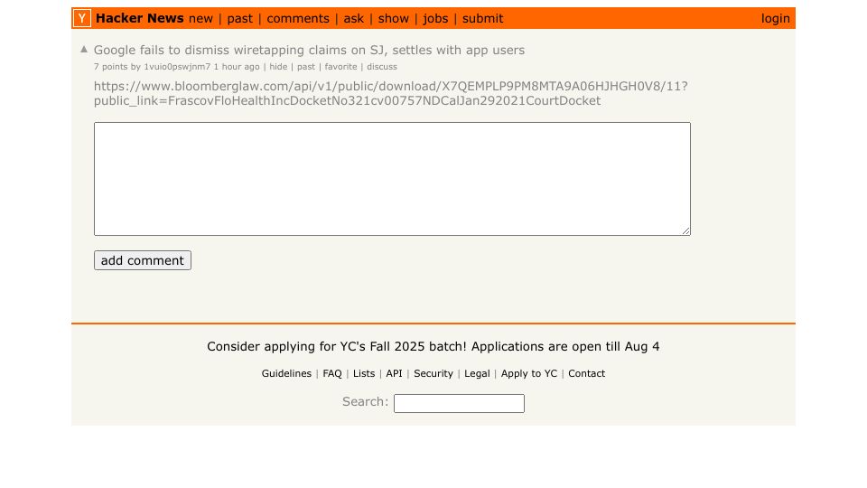 Screenshot of Hacker News post: Google fails to dismiss wiretapping claims on SJ, settles with app users