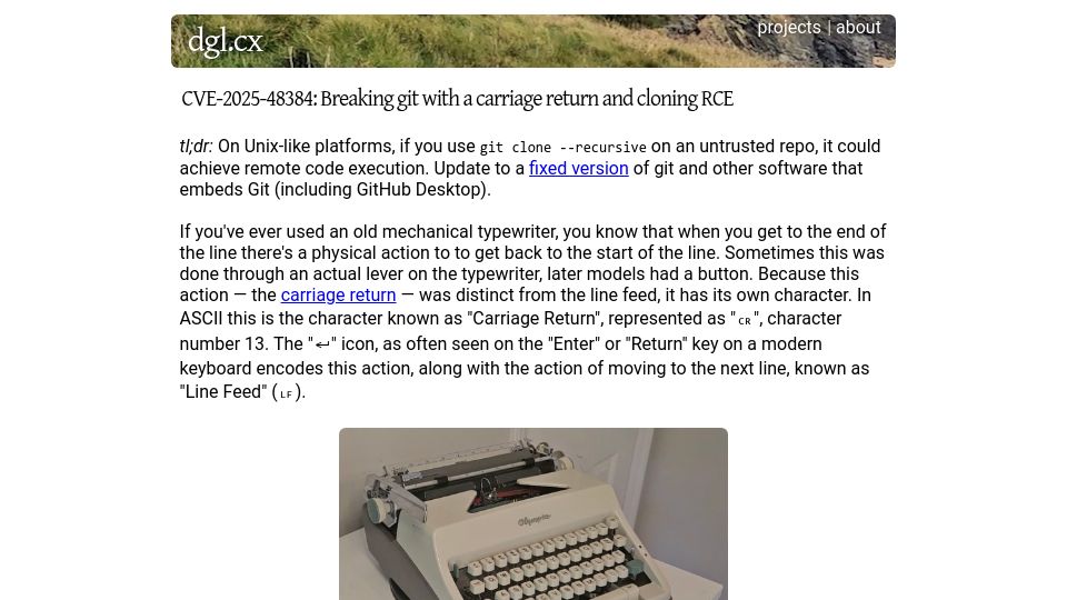 Screenshot of dgl.cx: Breaking Git with a carriage return and cloning RCE