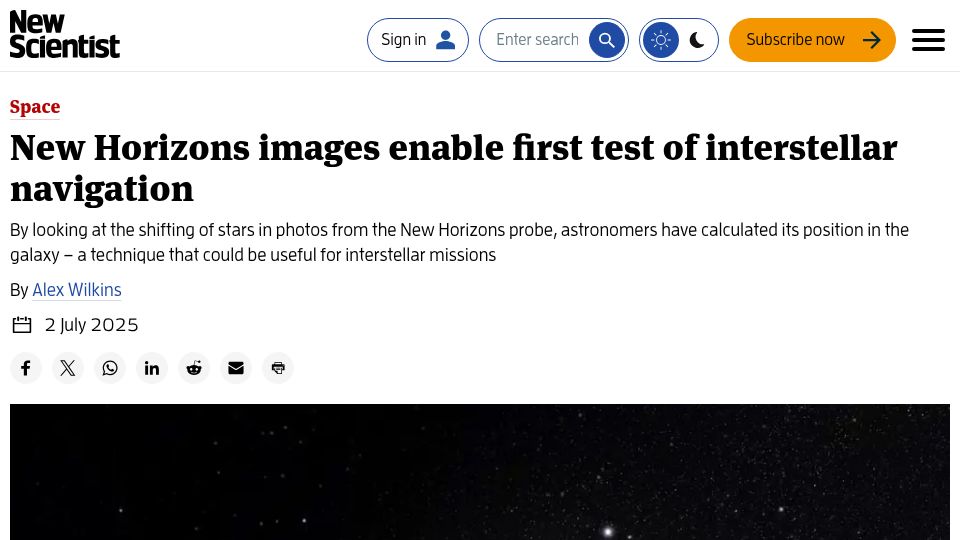 Screenshot of newscientist.com: New Horizons images enable first test of interstellar navigation