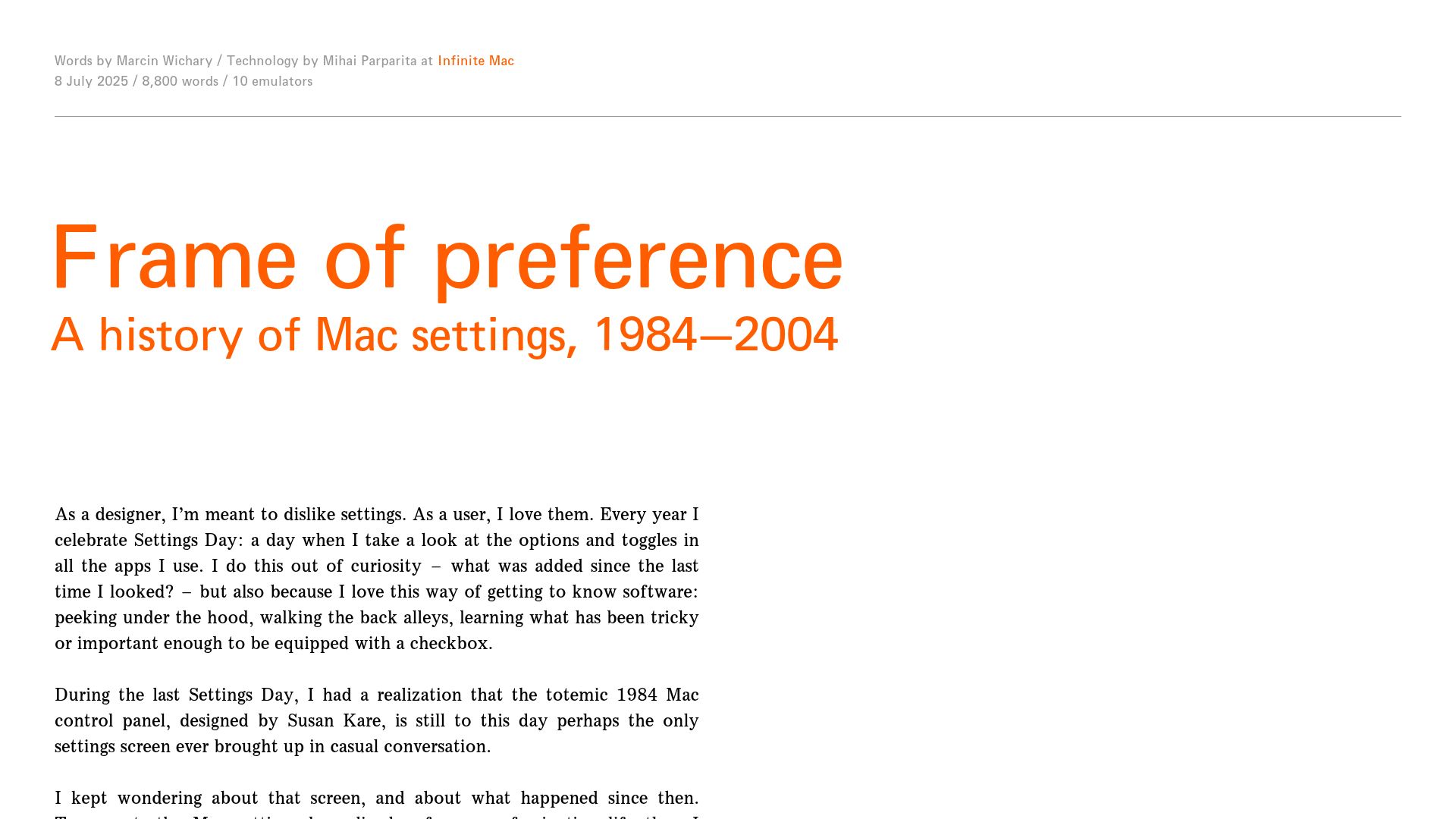 Screenshot of aresluna.org: Frame of preference A history of Mac settings, 1984–2004