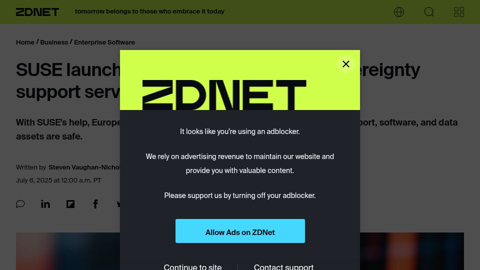 Screenshot of zdnet.com: SUSE launches new European digital sovereignty service to meet surging demand