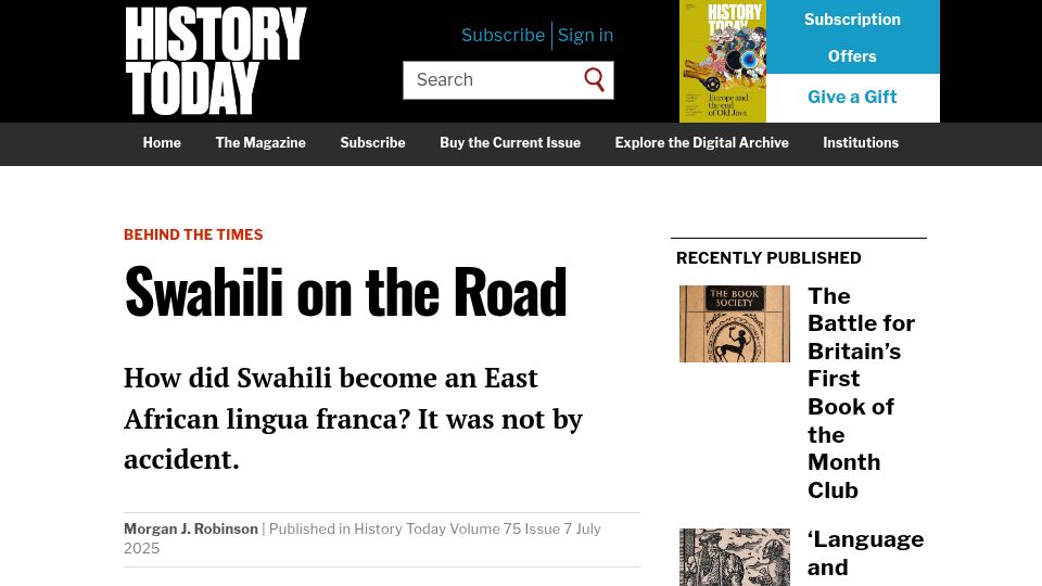 Screenshot of historytoday.com: Swahili on the Road