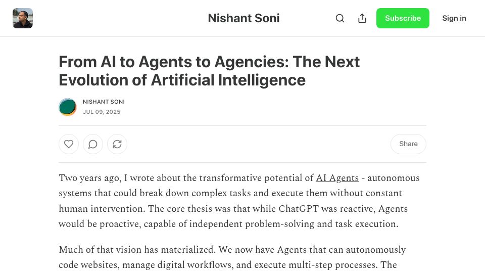 Screenshot of blog.nishantsoni.com: From AI to Agents to Agencies