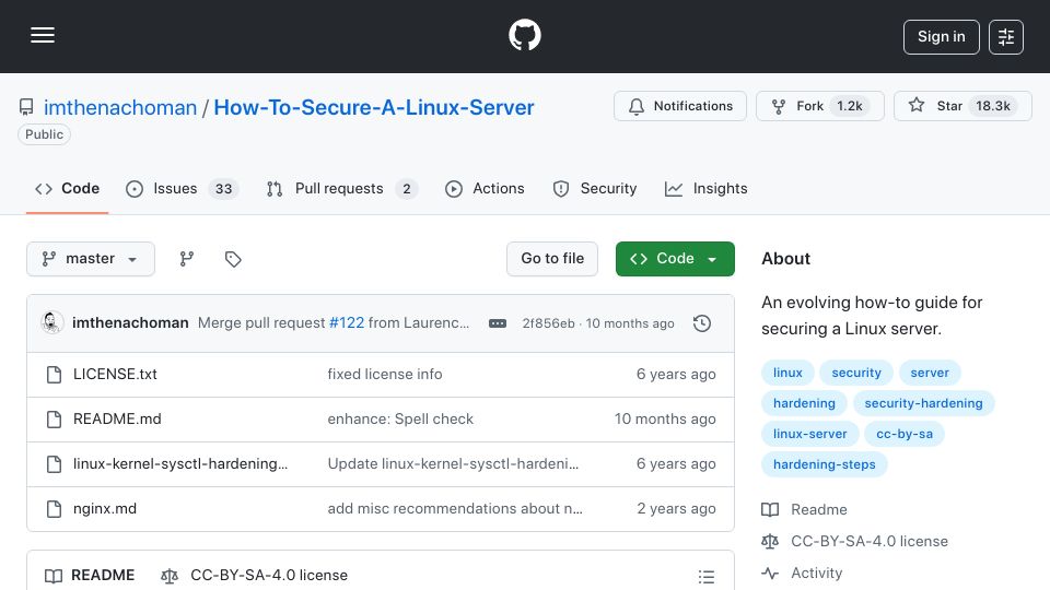 Screenshot of github.com: How to Secure a Linux Server