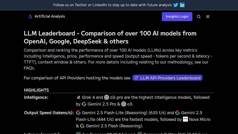 Screenshot of artificialanalysis.ai: LLM leaderboard – Comparing models from OpenAI, Google, DeepSeek and others