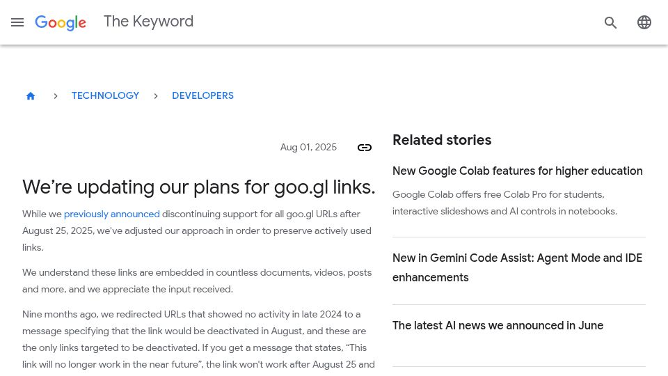 Screenshot of blog.google: Google shifts goo.gl policy: Inactive links deactivated, active links preserved