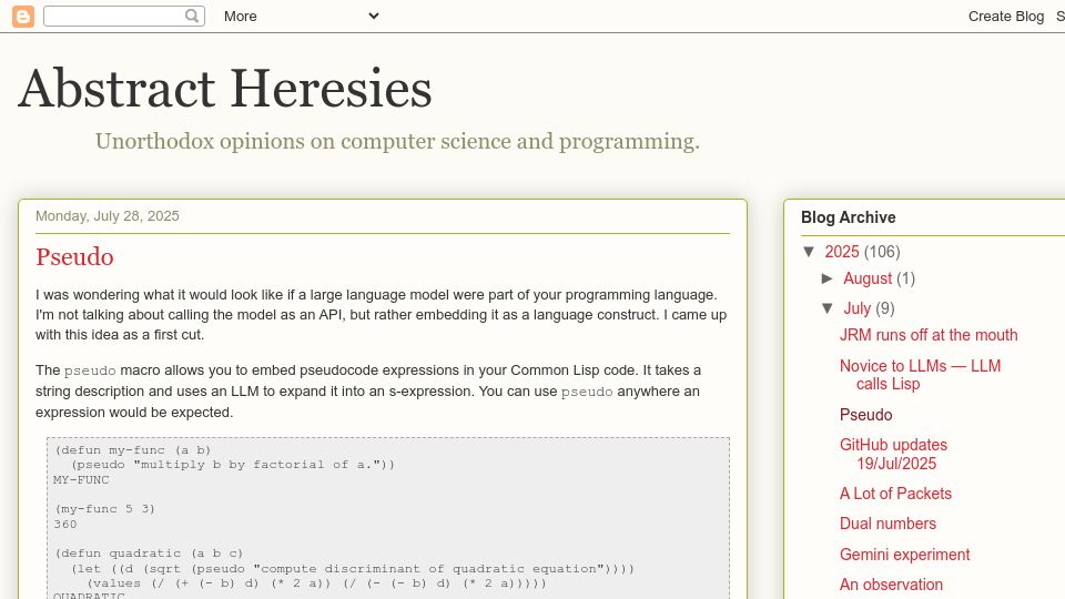 Screenshot of funcall.blogspot.com: Pseudo, a Common Lisp macro for pseudocode expressions