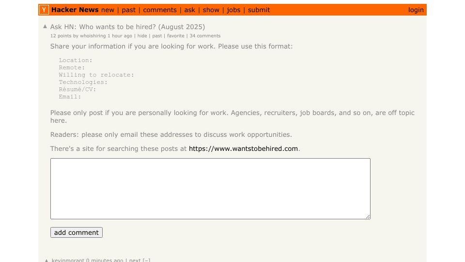 Screenshot of Hacker News post: Ask HN: Who wants to be hired? (August 2025)