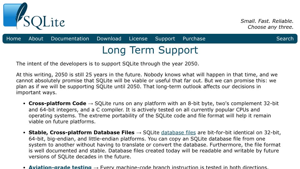 Screenshot of sqlite.org: Long Term Support