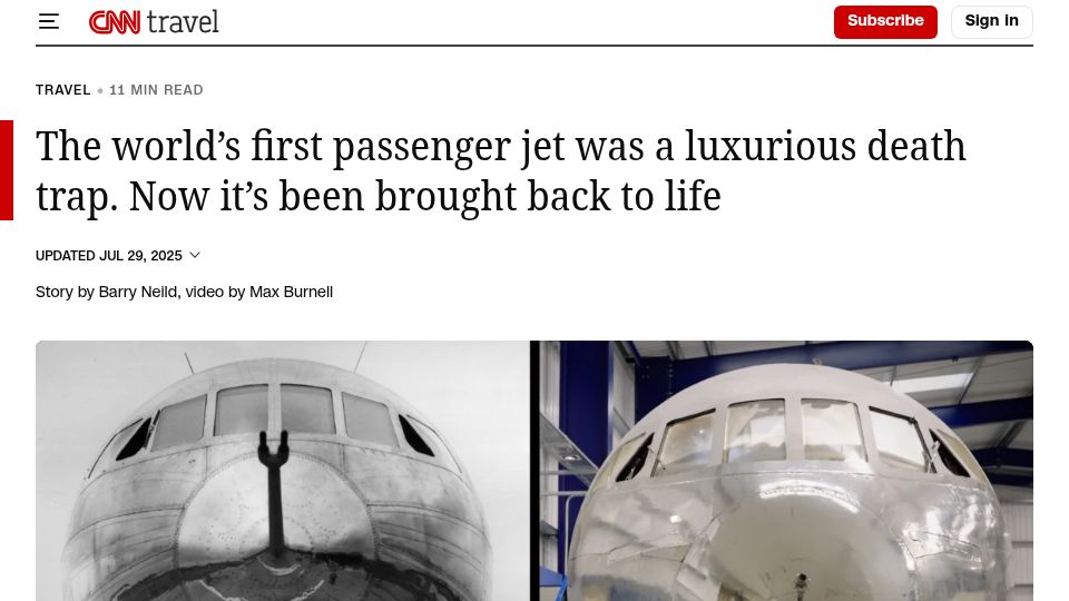 Screenshot of cnn.com: A DH106 1A Comet has been restored at the de Havilland Aircraft Museum