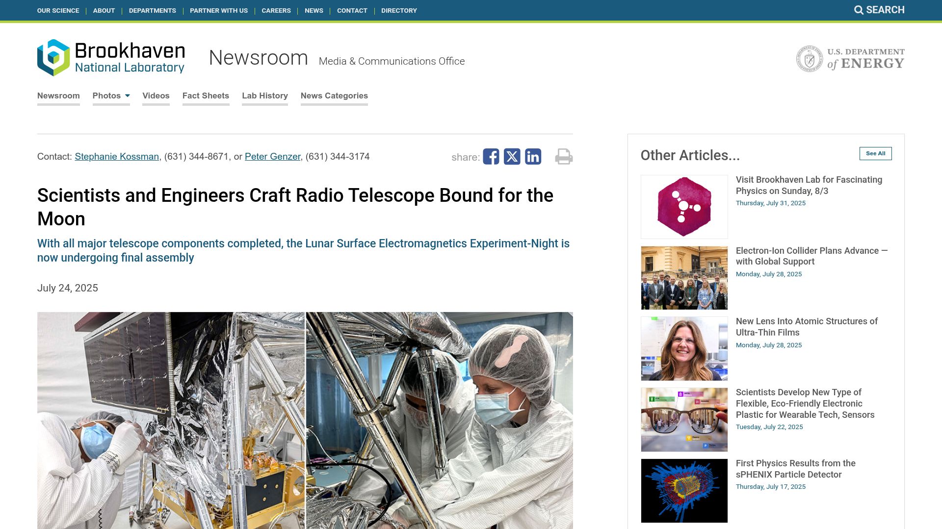 Screenshot of bnl.gov: Scientists and engineers craft radio telescope bound for the moon