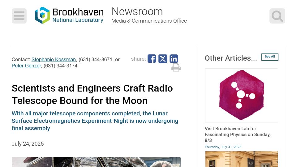 Screenshot of bnl.gov: Scientists and engineers craft radio telescope bound for the moon