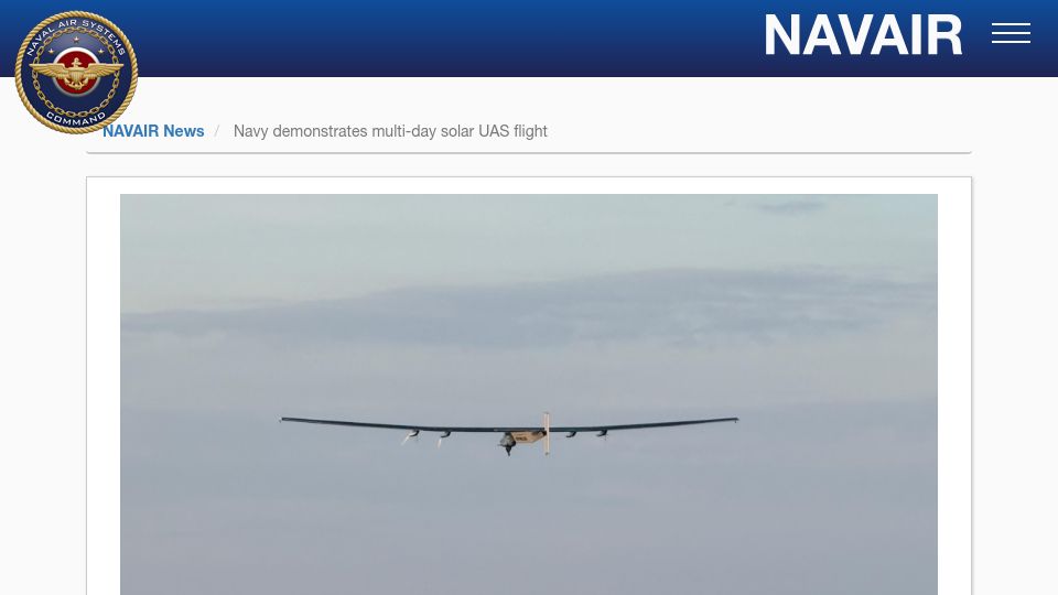 Screenshot of navair.navy.mil: Navy demonstrates multi-day solar UAS flight