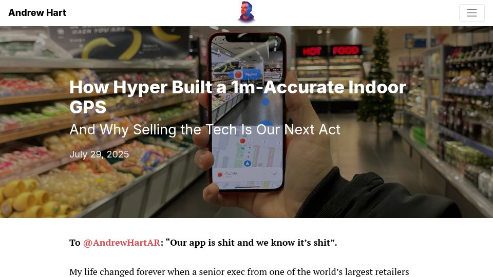 Screenshot of andrewhart.me: How Hyper built a 1M-accurate indoor GPS
