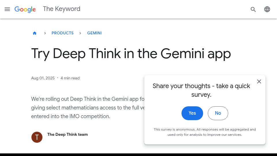 Screenshot of blog.google: Gemini 2.5 Deep Think