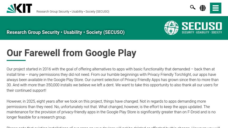 Screenshot of secuso.aifb.kit.edu: Our Farewell from Google Play