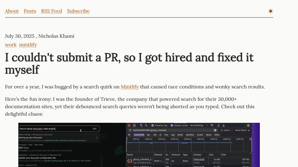 Screenshot of skeptrune.com: I couldn't submit a PR, so I got hired and fixed it myself