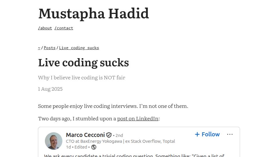 Screenshot of hadid.dev: Live coding interviews measure stress, not coding skills