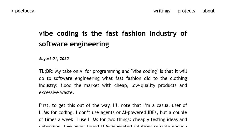 Screenshot of pdelboca.me: Vibe coding is the fast fashion industry of software engineering
