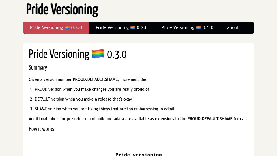 Screenshot of pridever.org: Pride Versioning 0.3.0