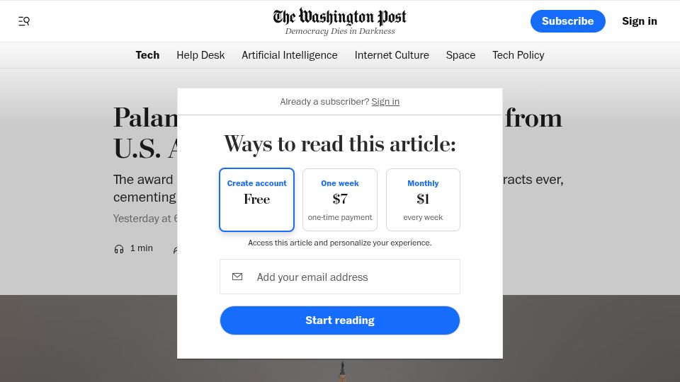 Screenshot of washingtonpost.com: Palantir gets $10B contract from U.S. Army