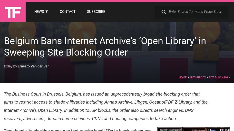 Screenshot of torrentfreak.com: Belgium bans Internet Archive's ‘Open Library’