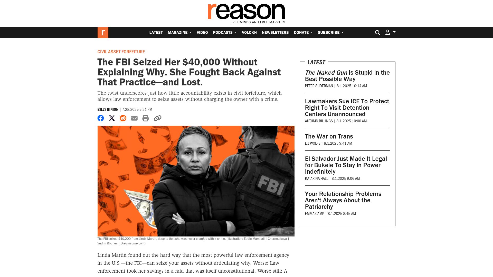 Screenshot of reason.com: FBI seized $40k from Linda Martin without charging her with a crime