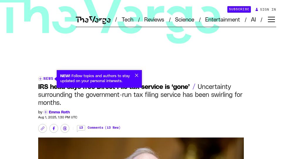 Screenshot of theverge.com: IRS head says free Direct File tax service is 'gone'