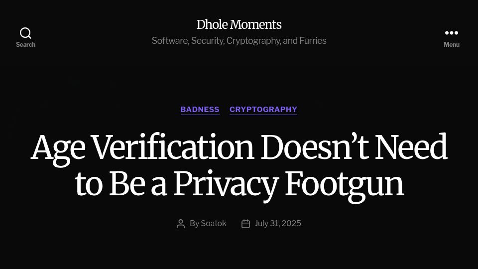 Screenshot of soatok.blog: Age verification doesn't need to be a privacy footgun