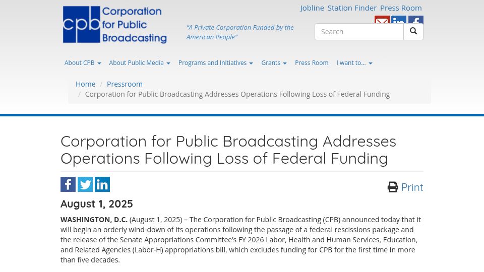 Screenshot of cpb.org: Corporation for Public Broadcasting ceasing operations
