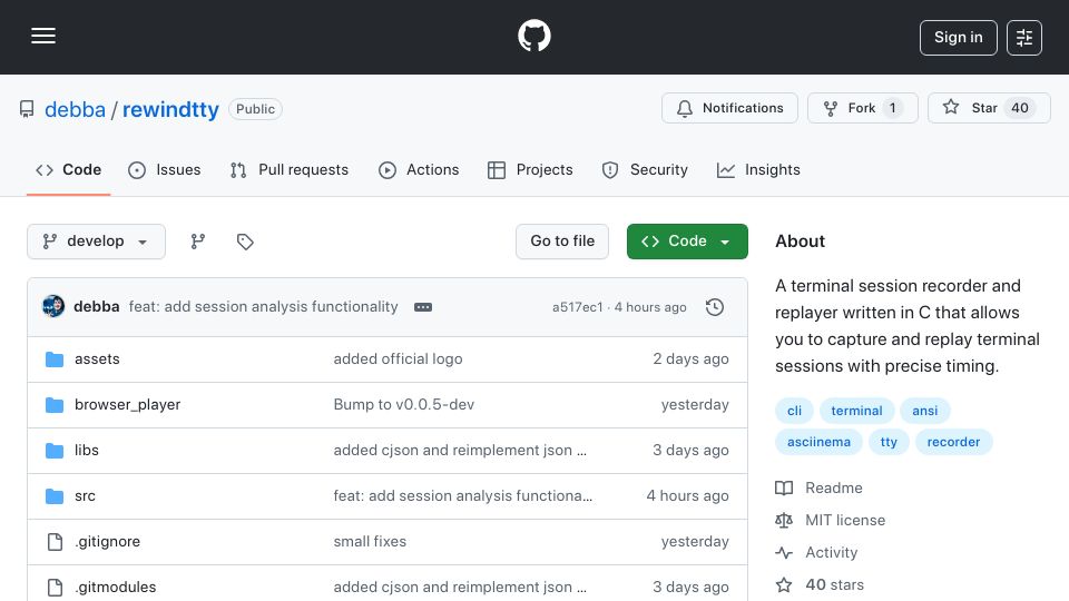 Screenshot of github.com: Show HN: Rewindtty – Record and replay terminal sessions as structured JSON