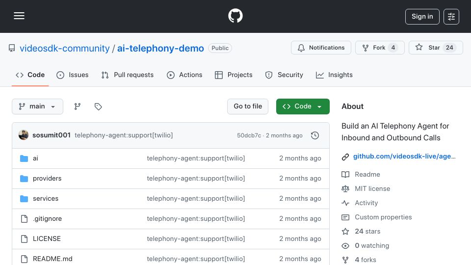 Screenshot of github.com: Build an AI telephony agent for inbound and outbound calls