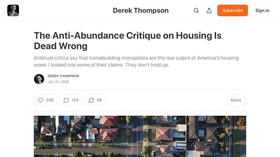 Screenshot of derekthompson.org: The anti-abundance critique on housing is wrong