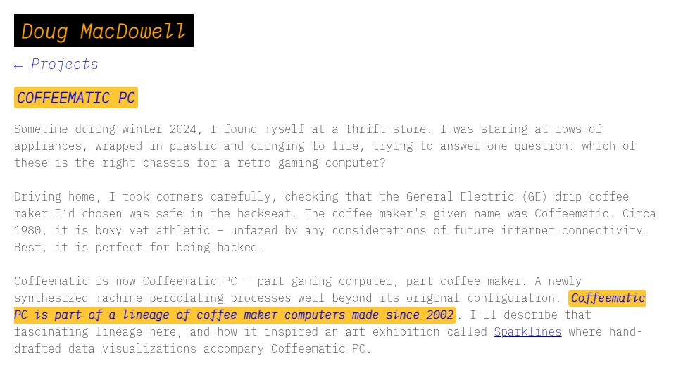 Screenshot of dougmacdowell.com: Coffeematic PC – A coffee maker computer that pumps hot coffee to the CPU