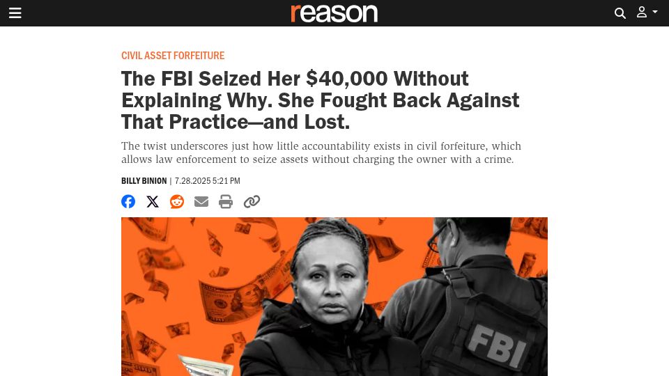 Screenshot of reason.com: FBI seized $40k from Linda Martin without charging her with a crime