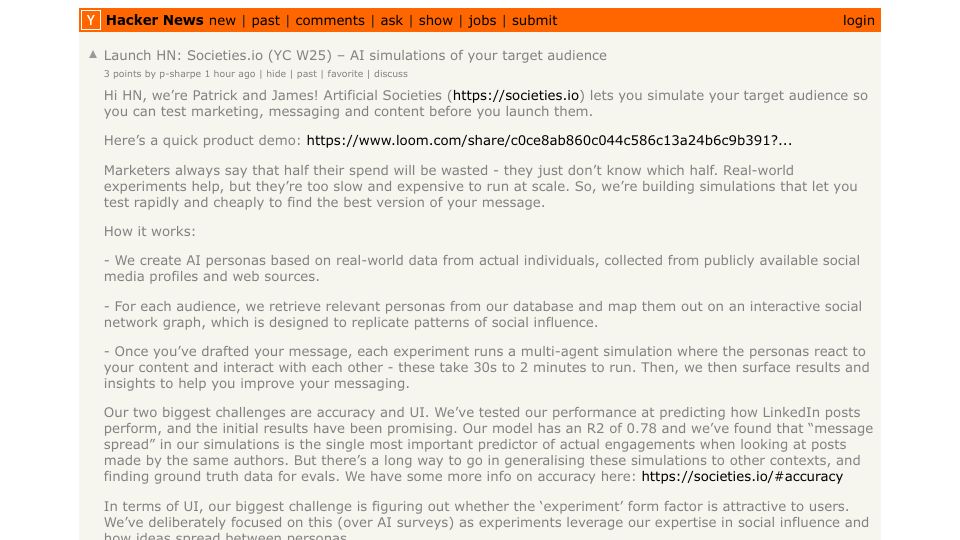 Screenshot of Hacker News post: Launch HN: Societies.io (YC W25) – AI simulations of your target audience