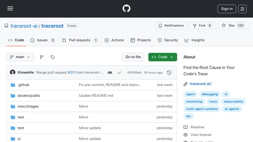Screenshot of github.com: Show HN: TraceRoot – Open-source agentic debugging for distributed services