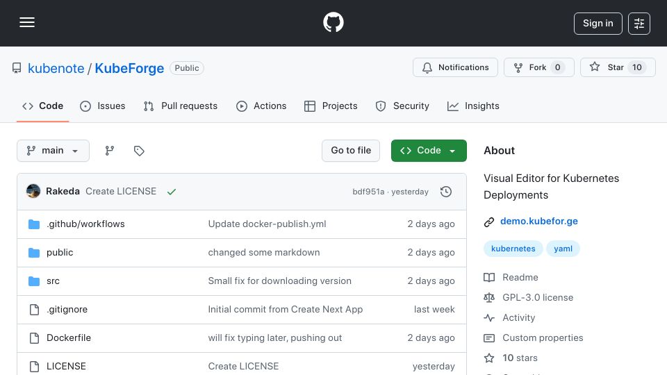 Screenshot of github.com: Show HN: KubeForge – A GUI for Kubernetes YAMLs