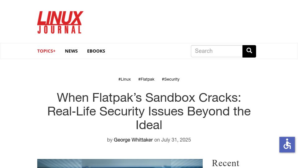 Screenshot of linuxjournal.com: When Flatpak's Sandbox Cracks