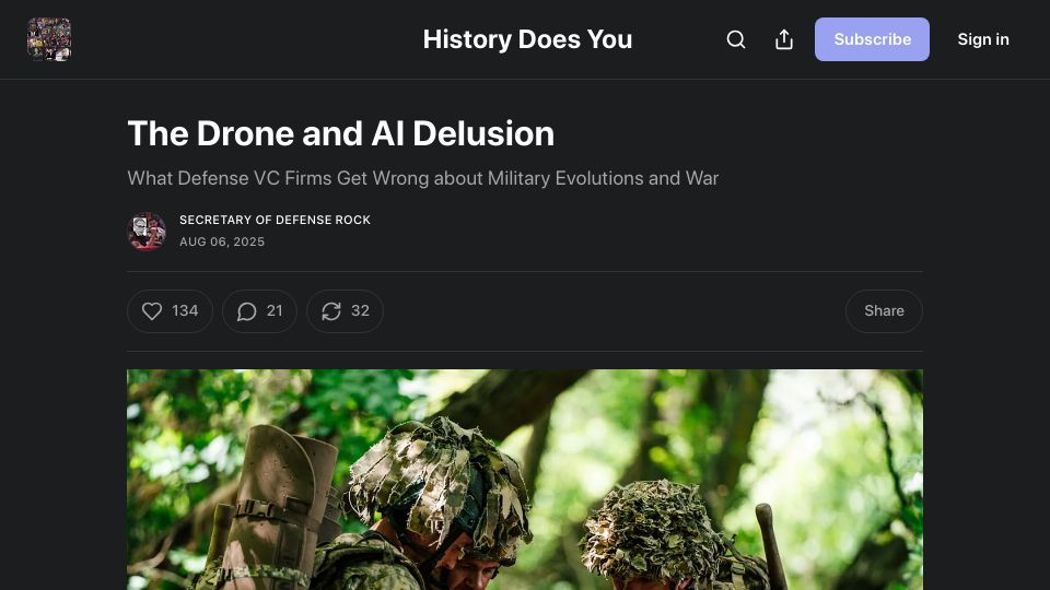 Screenshot of secretaryrofdefenserock.substack.com: The Drone and AI Delusion